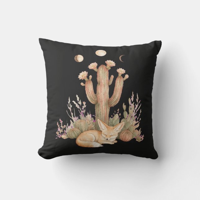Boho Desert Fennec Fox Sleeping Under Saguaro Cact Throw Pillow (Front)