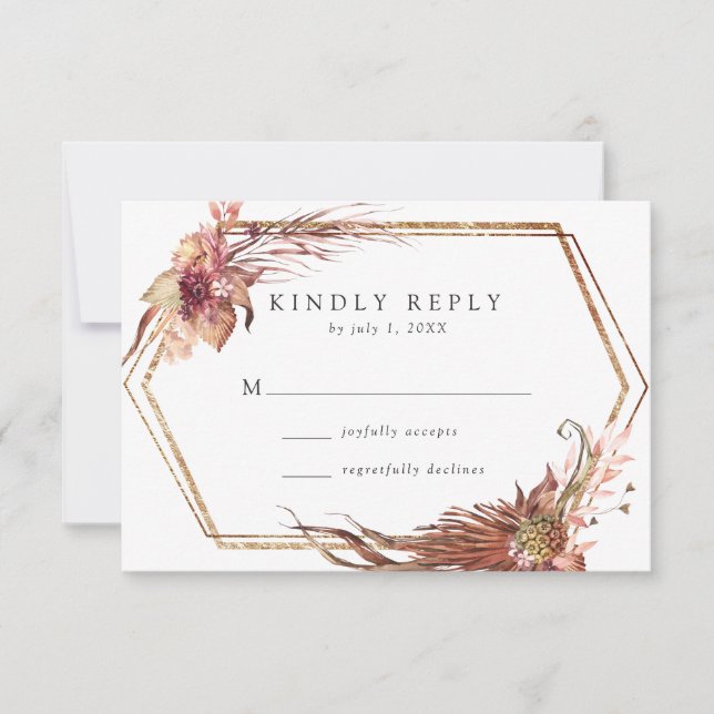 Boho Desert Floral Gold Geometric Frame Wedding RSVP Card (Front)
