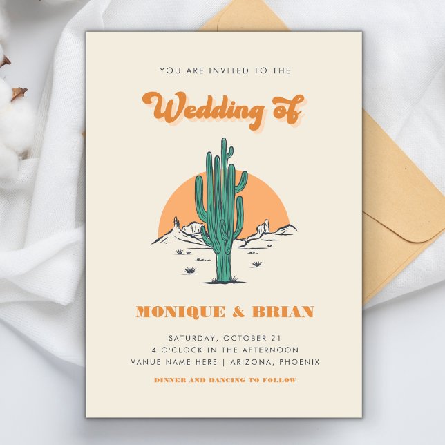 Boho Desert Groovy Retro Cactus & Photo Wedding Invitation (Creator Uploaded)