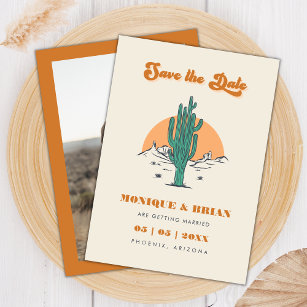 Boho Desert Groovy Retro Cactus & Photo Wedding Save The Date