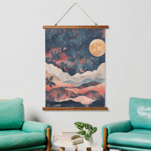 Boho Desert Moon Indigo Copper Celestial Landscape Hanging Tapestry