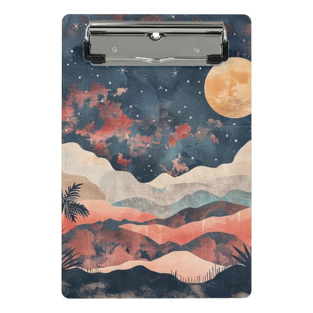 Boho Desert Moon Indigo Copper Celestial Landscape Mini Clipboard (Front)
