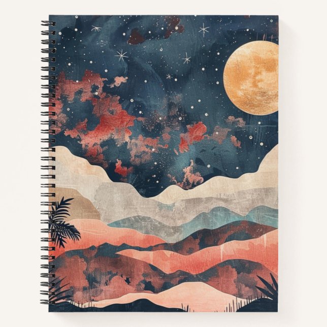Boho Desert Moon Indigo Copper Celestial Landscape Notebook (Front)