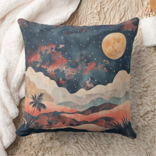 Boho Desert Moon Indigo Copper Celestial Landscape Throw Pillow