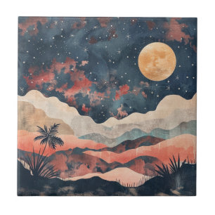 Boho Desert Moon Indigo Copper Celestial Landscape Tile