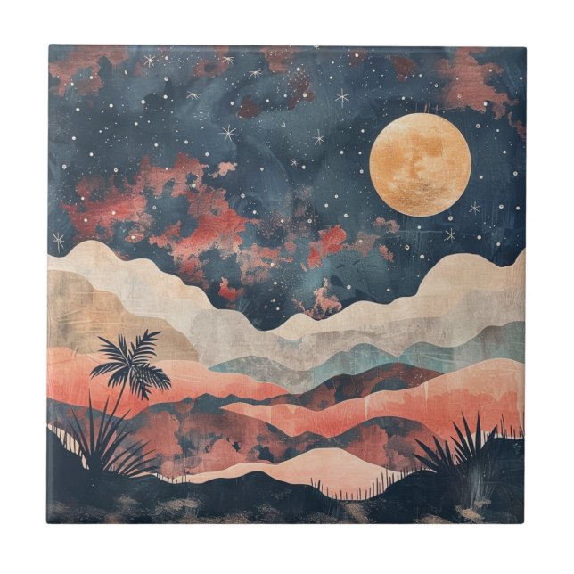 Boho Desert Moon Indigo Copper Celestial Landscape Tile (Front)