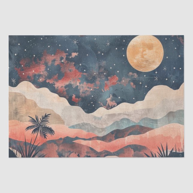 Boho Desert Moon Indigo Copper Celestial Landscape Tissue Paper (Front)