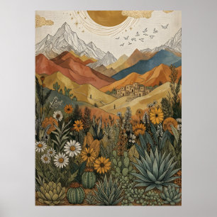 Boho Desert Mountain Cactus Pueblo Sun Poster