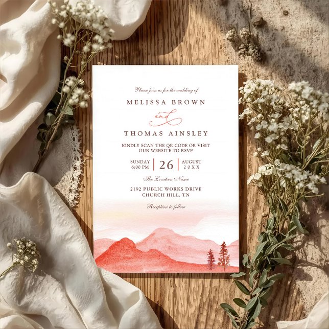 Boho Desert Mountains Rustic QR Code Wedding Invitation (Creator Uploaded)