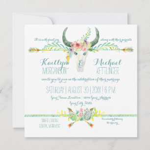 BOHO Desert South Western Floral Cow Skull Arrows Invitation