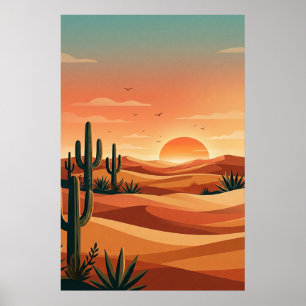 Boho Desert Sunset Dunes with Cactus & Flying Bird Poster