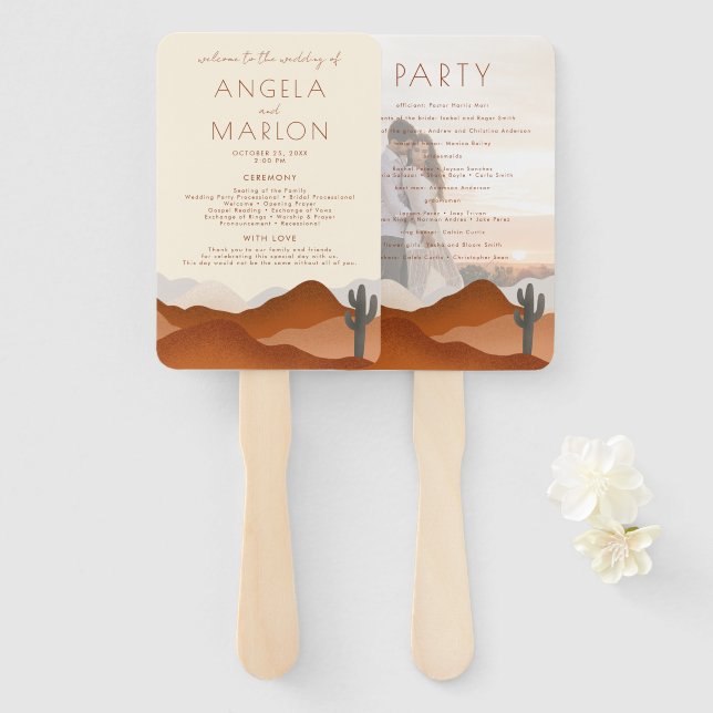 Boho Desert Terracotta Wedding Photo Program Hand Fan (Front and Back)
