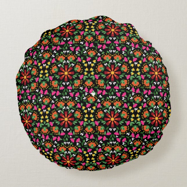 Boho Design Bold Colour Floral Round Pillow (Back)