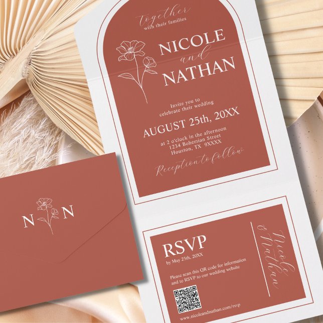 Boho Design Terracotta Rust Earth Tone | QR code All In One Invitation (Boho Design Terracotta Rust Earth Tone | QR code All In One Invitation)