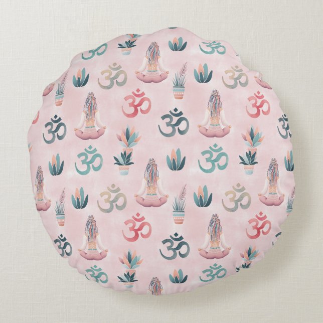 Boho Design Woman with Dreadlocks Meditation OM Round Pillow (Back)