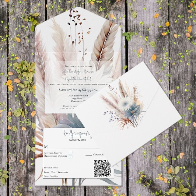 Boho d'hiver Mariage Floral tout en une invitation (White Winter Boho Floral Wedding All in One Invitation)