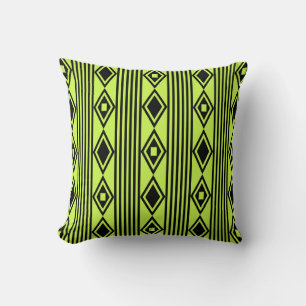 Boho Diamonds Stripes Black Chartreuse Throw Pillow