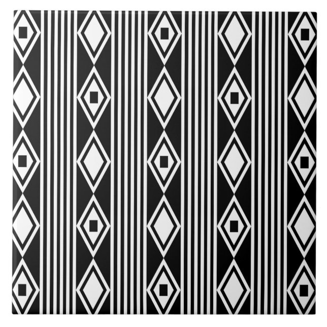 Boho Diamonds Stripes White Black Tile (Front)