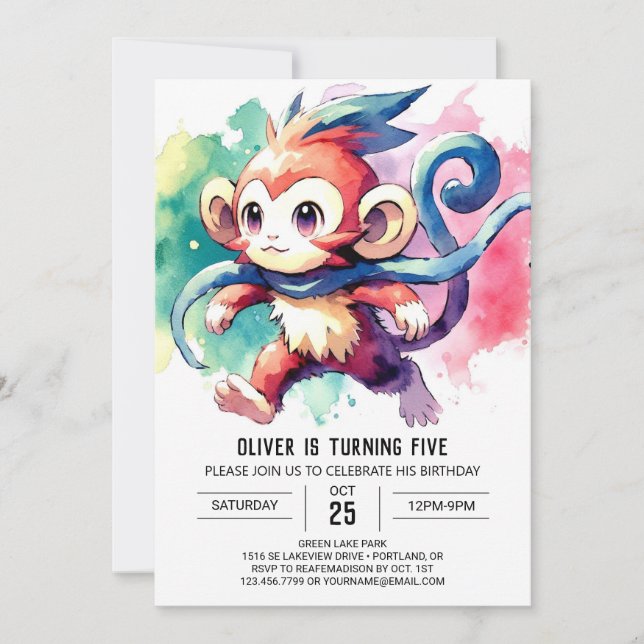 Boho Digital Monkey Birthday Invitation (Front)
