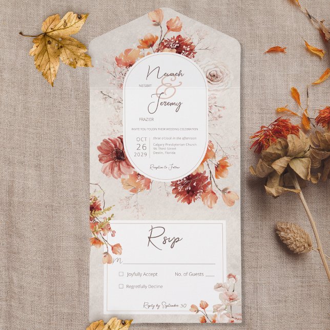Boho Distressed Cream Rust Fall Floral No Dinner All In One Invitation (Creator Uploaded)
