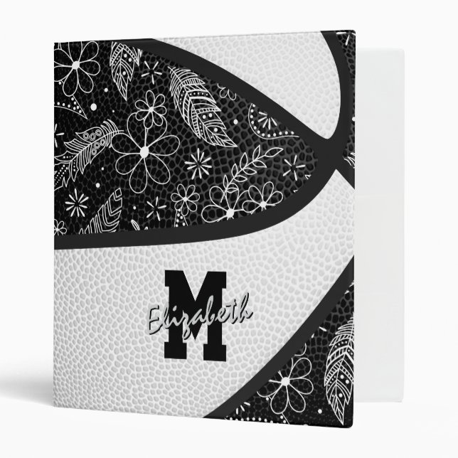 boho doodles pattern black white basketball binder (Front/Inside)