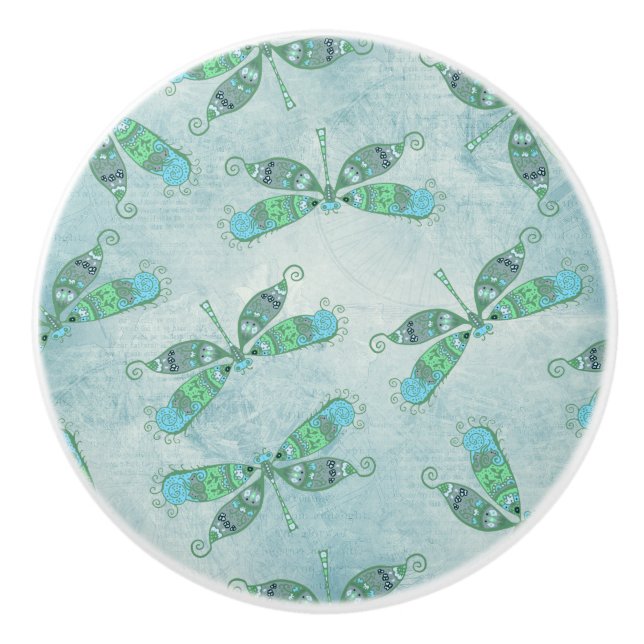 Boho Dragonflies in Blue Ceramic Knob (Front)
