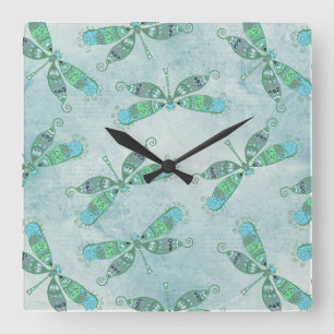 Boho Dragonflies in Blue Square Wall Clock
