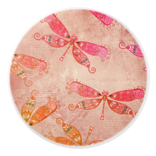 Boho Dragonflies in Pink Ceramic Knob (Front)