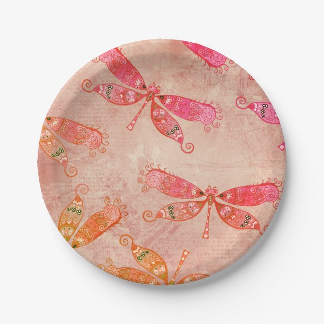 Boho Dragonflies in Pink  Paper Plate (Front)