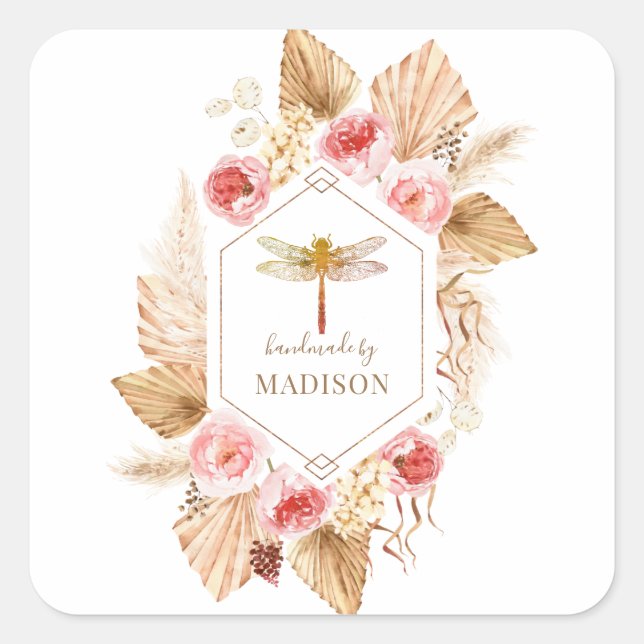 Boho Dragonfly Floral Product Label Stickers (Front)