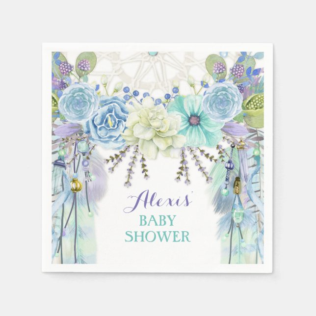 Boho Dream Catcher Feather Tribal Aqua Blue Napkin (Front)