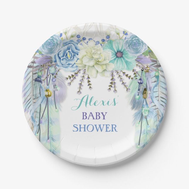Boho Dream Catcher Feather Tribal Aqua Blue Paper Plate (Front)