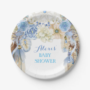Boho Dream Catcher Feather Tribal Blue Ivory Paper Plate