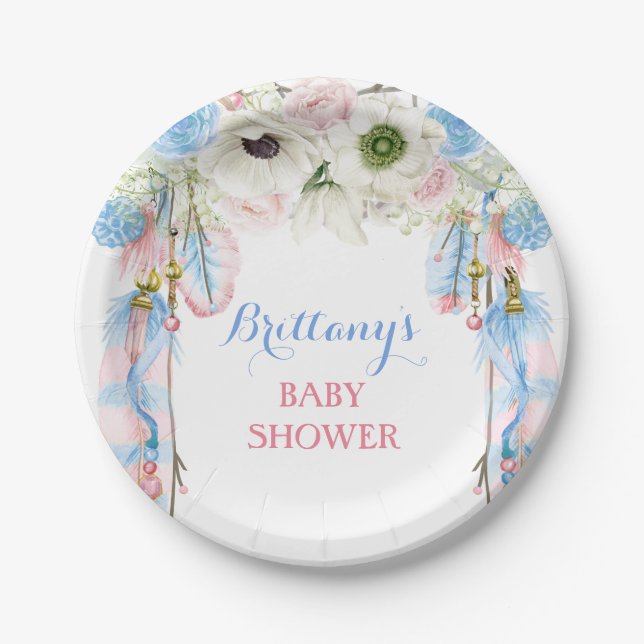 Boho Dream Catcher Feather Tribal Blue Pink Paper Plate (Front)