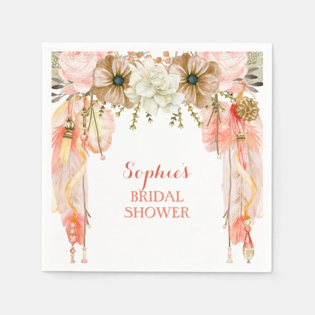 Boho Dream Catcher Feather Tribal Peach Coral Napkin (Front)