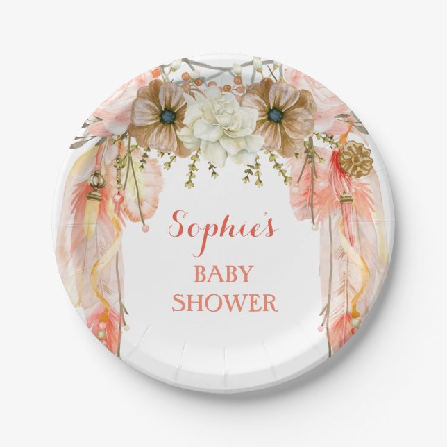 Boho Dream Catcher Feather Tribal Peach Coral Paper Plate (Front)