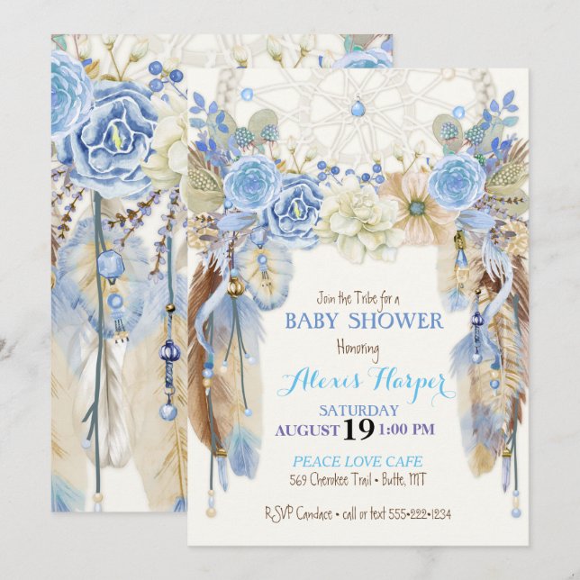 Boho Dream Catcher Feathers Blue Ivory Brown Invitation (Front/Back)