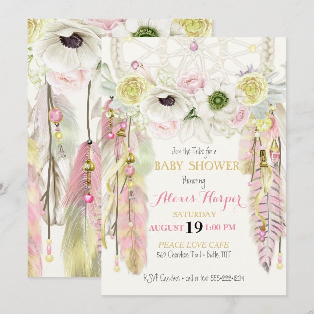 Boho Dream Catcher Feathers Crystals Pink Yellow Invitation (Front/Back)