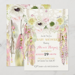 Boho Dream Catcher Feathers Crystals Pink Yellow Invitation