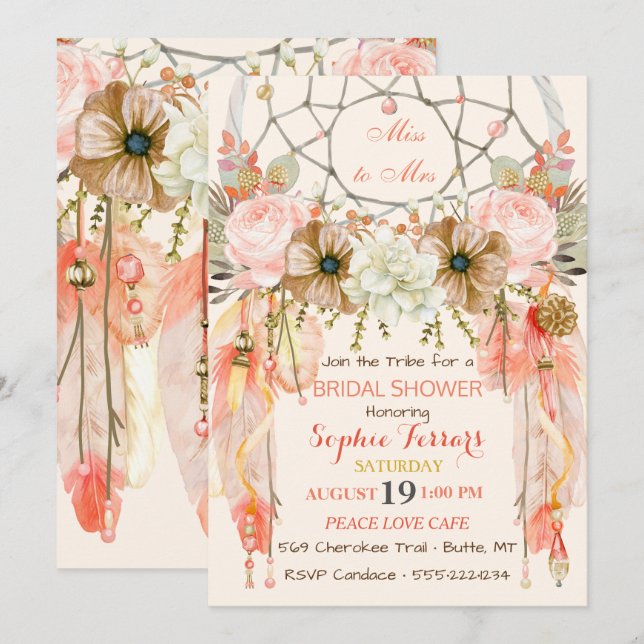 Boho Dream Catcher Feathers Peach Coral Invitation (Front/Back)