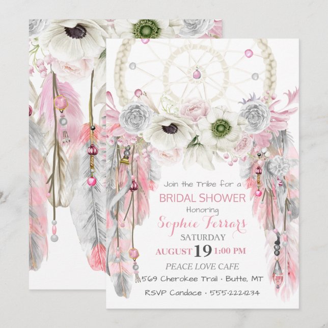 Boho Dream Catcher Feathers Pink Grey Ivory Invitation (Front/Back)