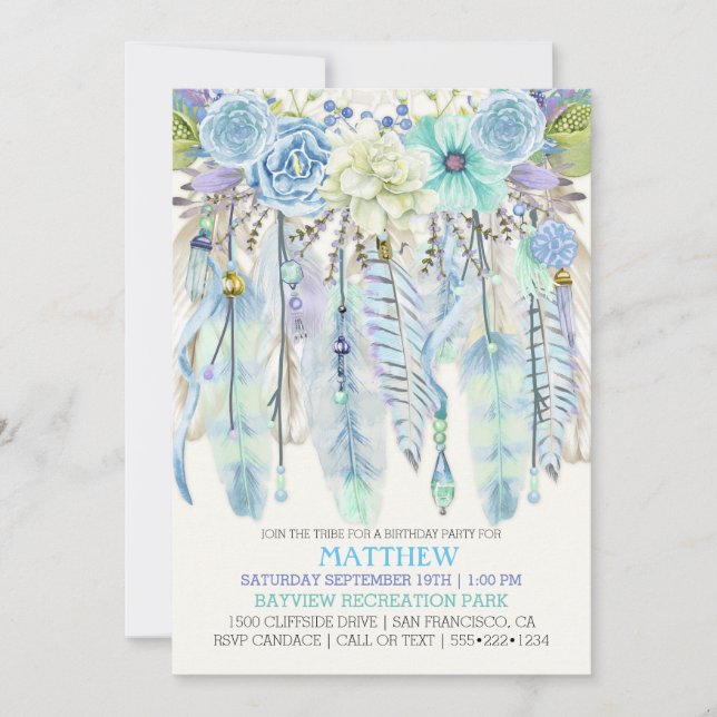 Boho Dream Catcher Feathers Turquoise Blue Invitation (Front)