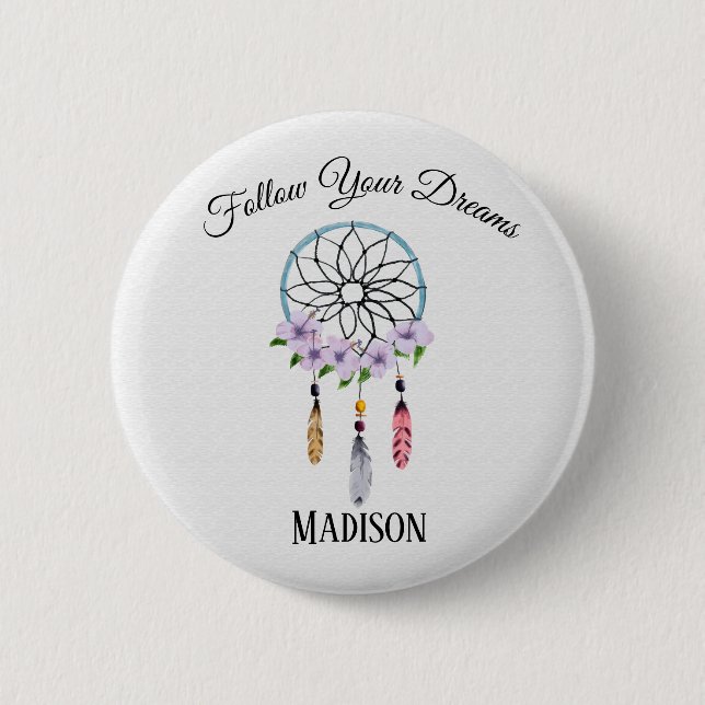 Boho Dream Catcher Floral Flower Feathers Tribal 2 Inch Round Button (Front)