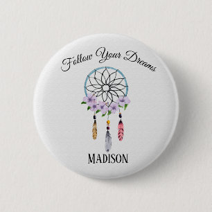 Boho Dream Catcher Floral Flower Feathers Tribal 2 Inch Round Button
