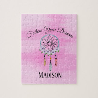 Boho Dream Catcher Floral Flower Personalized Name Jigsaw Puzzle