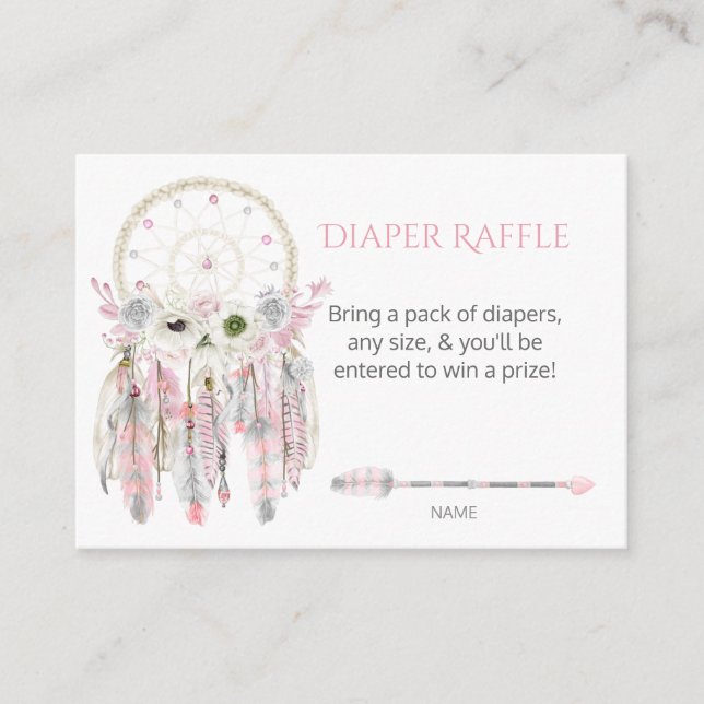 Boho Dream Catcher Pink GrayFeathers Diaper Raffle Enclosure Card (Front)