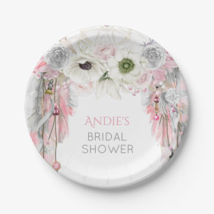 Boho Dream Catcher Pink Grey Feathers Crystals Paper Plate