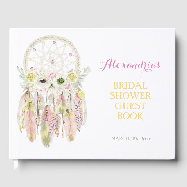 Boho Dream Catcher Pink Yellow Feathers Arrows Guest Book (Front)