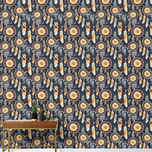 Boho dream catcher tiled pattern floral  wallpaper (Hallway)
