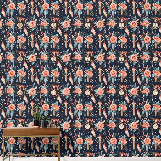 Boho dream catcher tiled pattern floral wallpaper (Hallway)